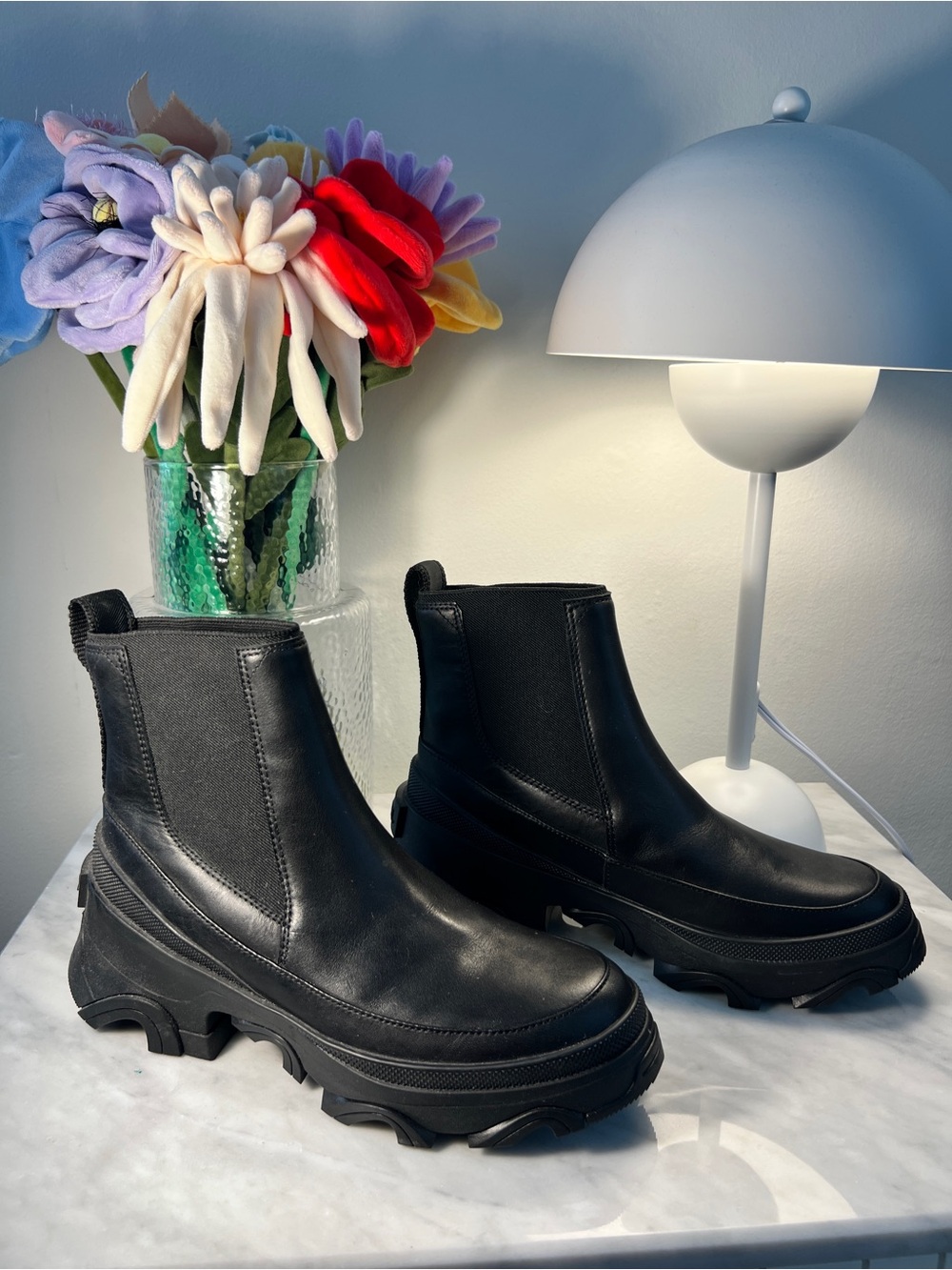 NWOB SOREL Brex Waterproof Chelsea Boots Black Leather Chunky Platform Lug Sole